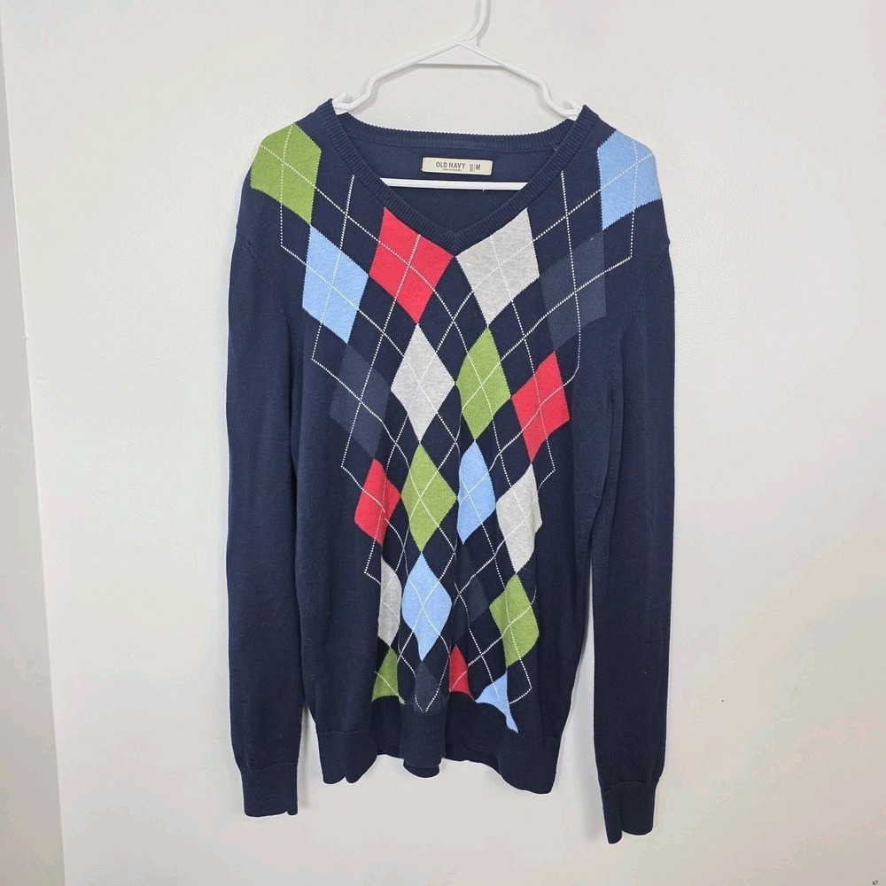 Old‎ Navy Blue Multicolor Argyle Preppy Geometric Church V-Neck Sweater Size M